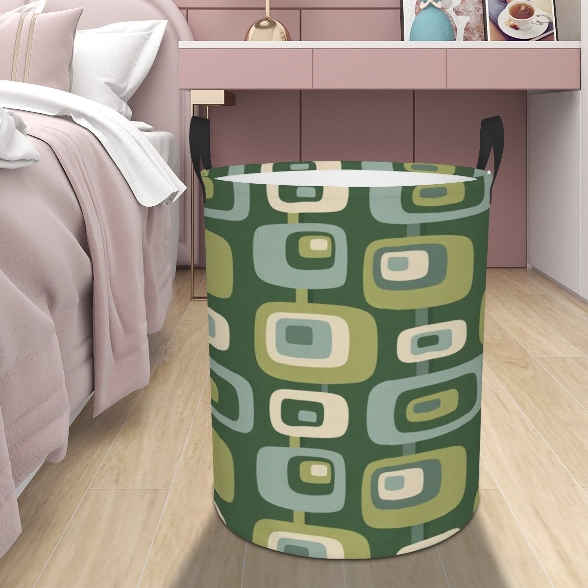 Mid-Century Modern Olive Green Geometric Laundry Basket