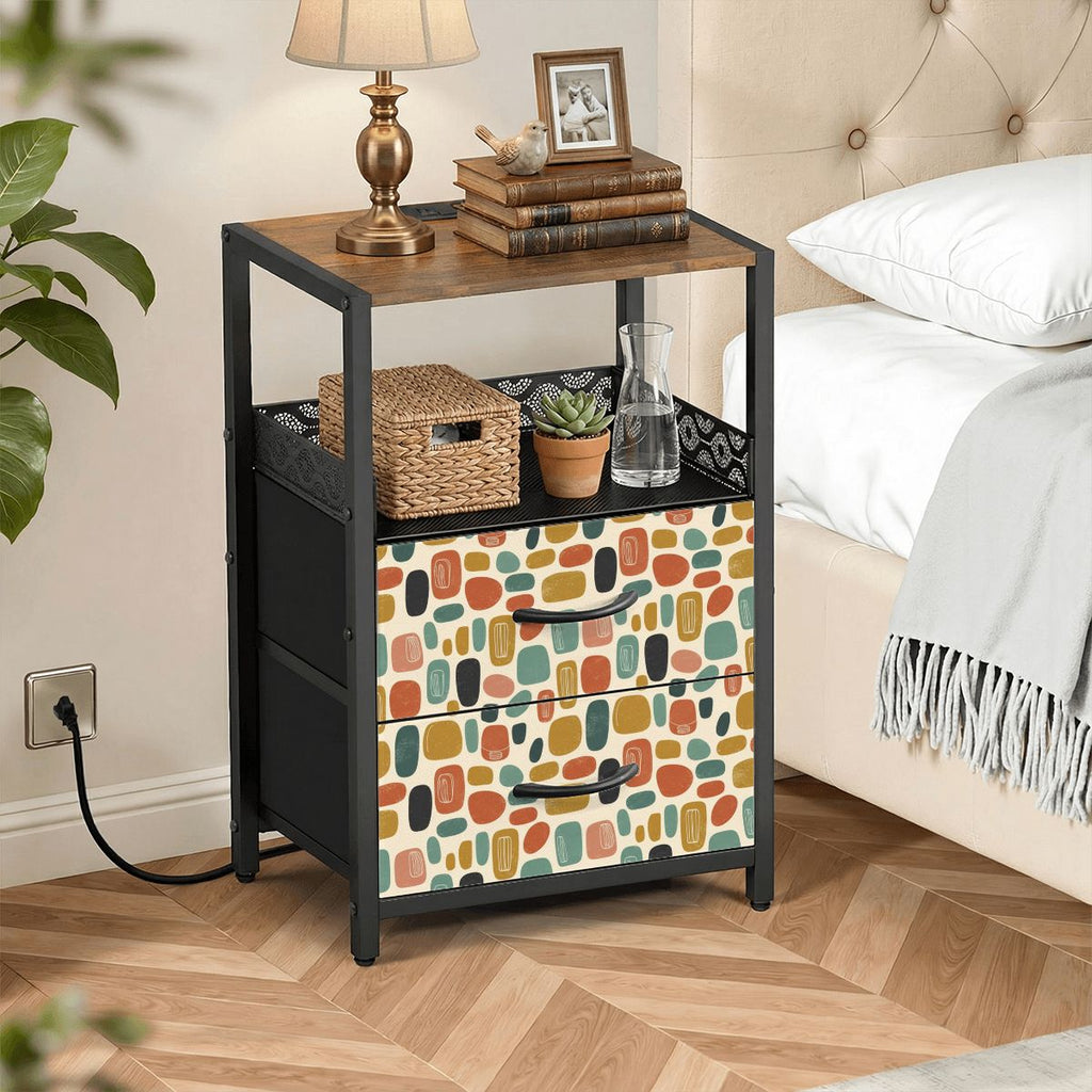Mid-Century Modern Pebble Nightstand with Charging Station | 2-Drawer Bedside Table