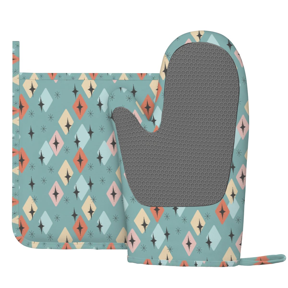 Mid-Century Modern Teal Geometric Oven Mitt & Pot Holder Set