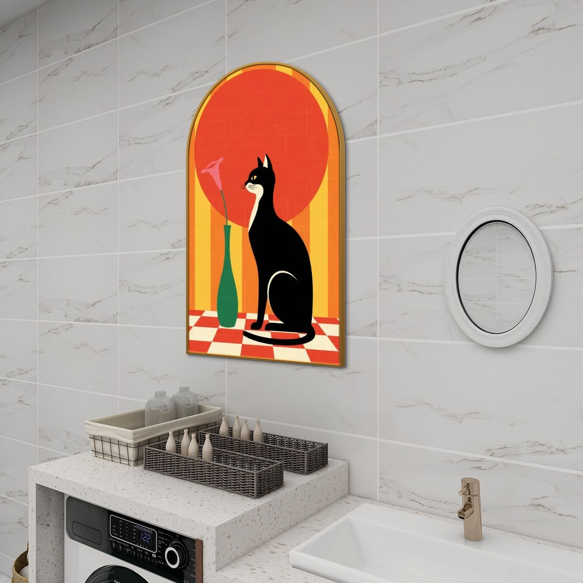 Mid-Century Modern Atomic Cat Coral Sun Arched Canvas