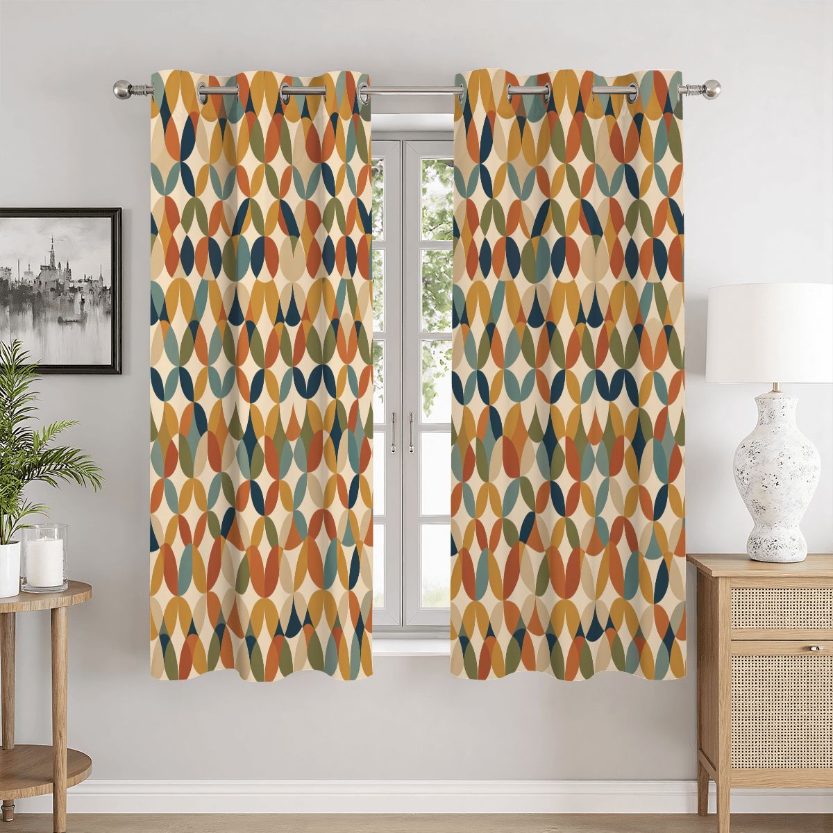Mid-Century Modern Blackout Curtains — Ogee Leaf Drift, 2 Panels (52"×63")