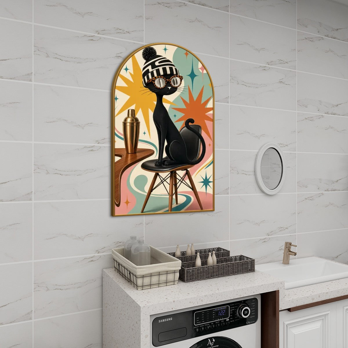 Mid-Century Modern Space-Age Atomic Cat Arched Canvas