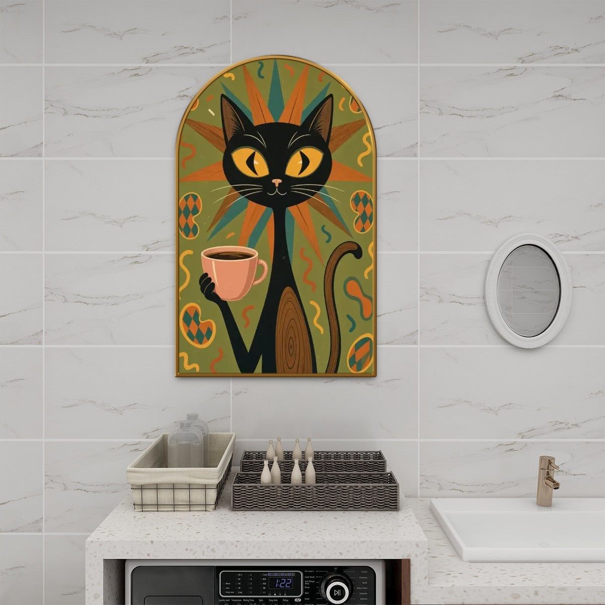 Mid-Century Modern Atomic Cat Sunburst Arched Canvas
