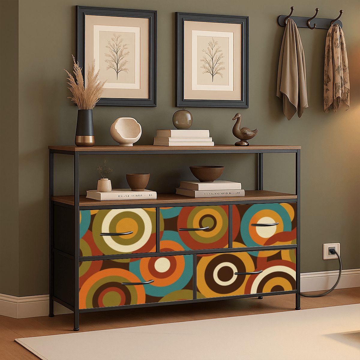 Mid-Century Modern Concentric Circle Print Five-Drawer TV Stand