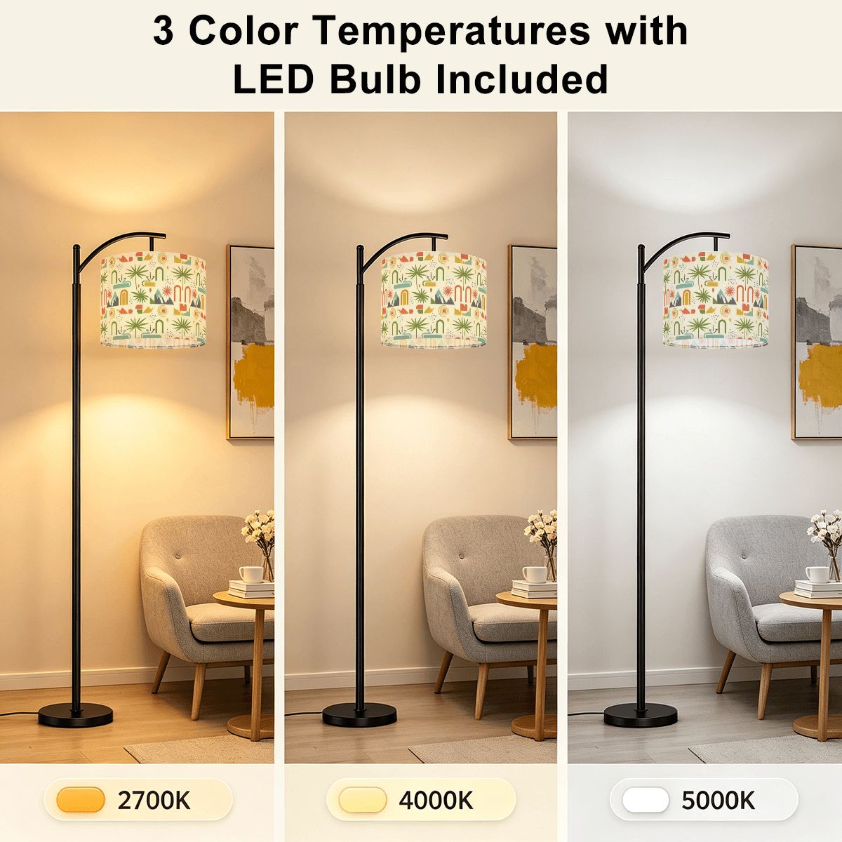 Mid-Century Modern Arch & Bloom Print Arc Floor Lamp