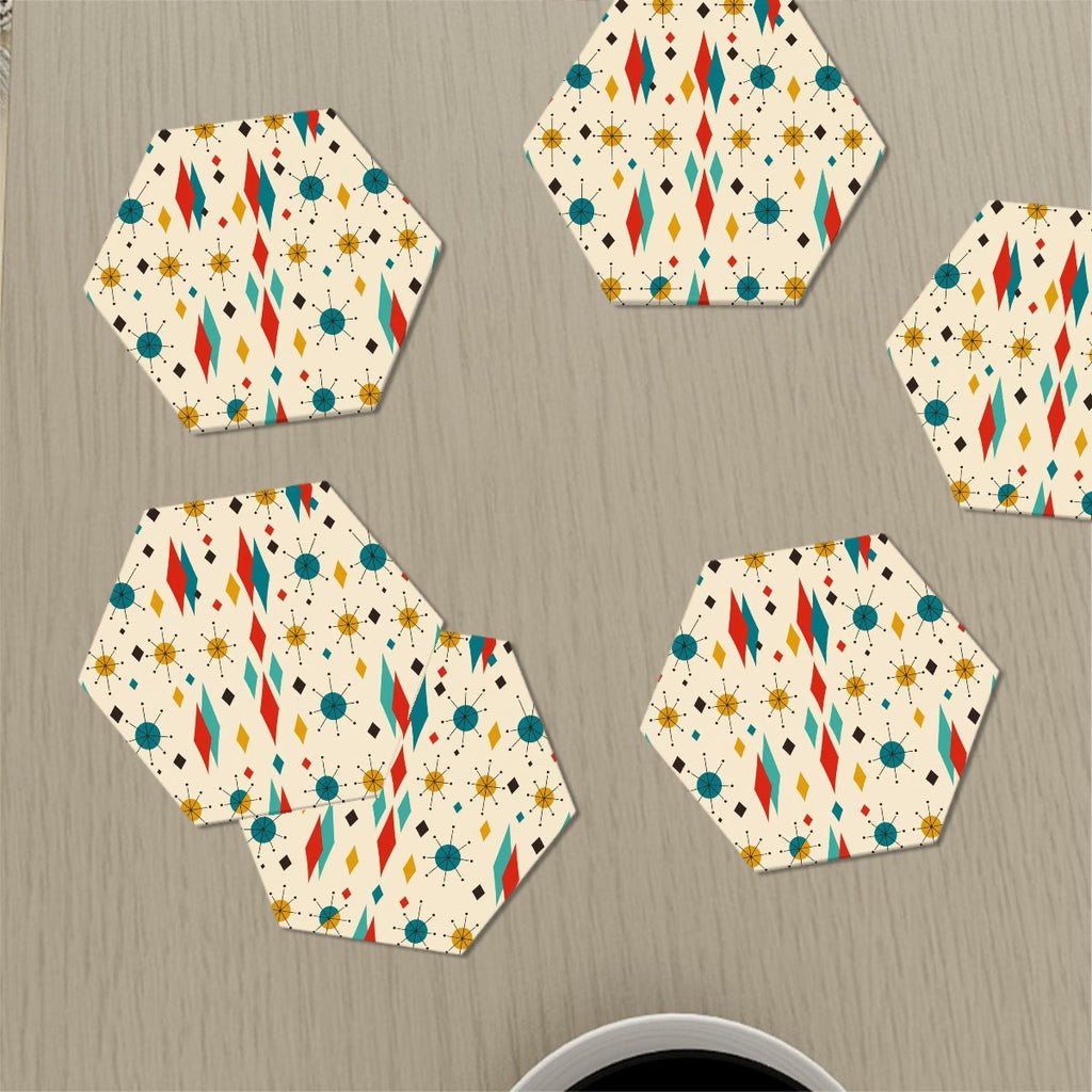 Mid-Century Modern Atomic Starburst Hexagon Coasters, Set of 6