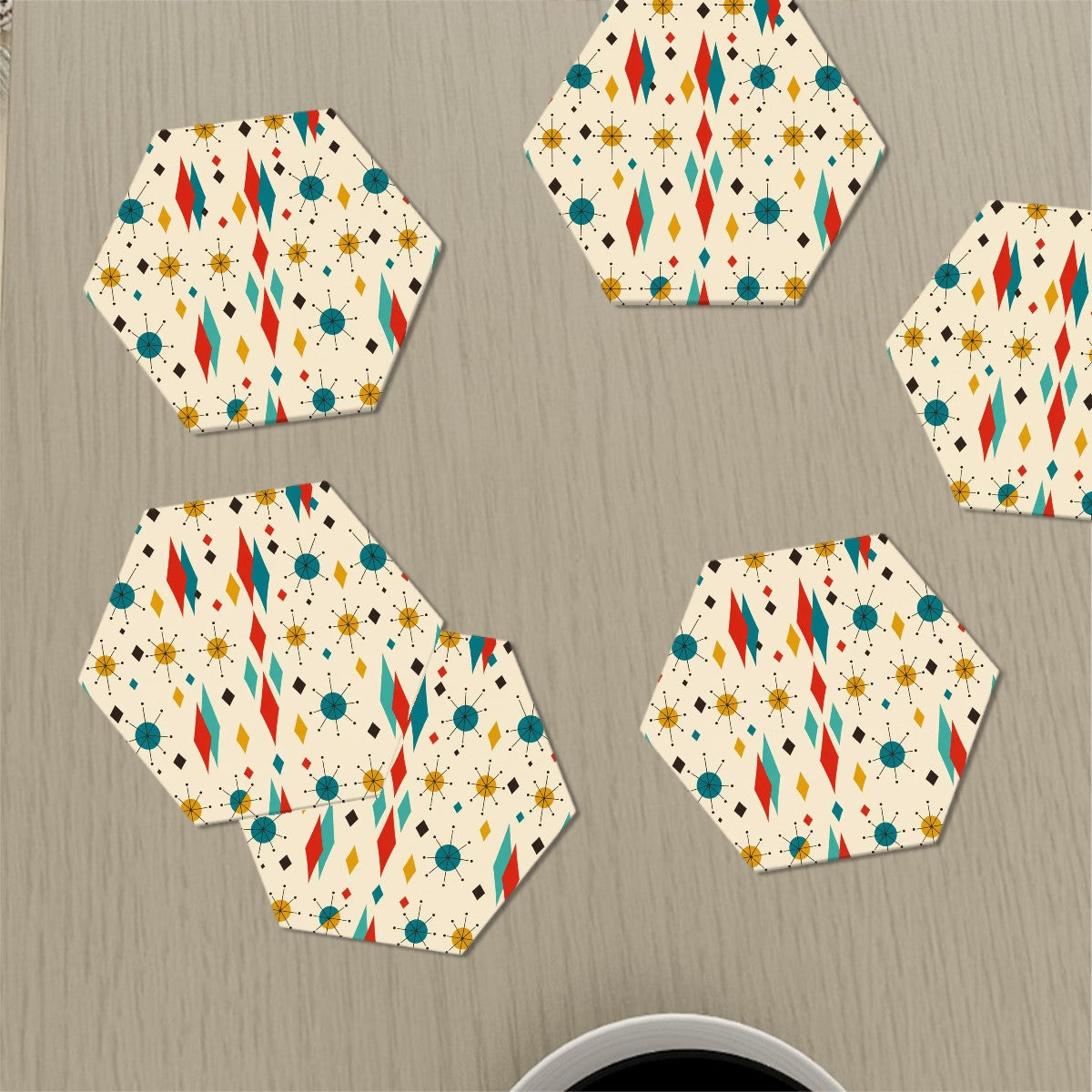 Mid-Century Modern Atomic Starburst Hexagon Coasters, Set of 6