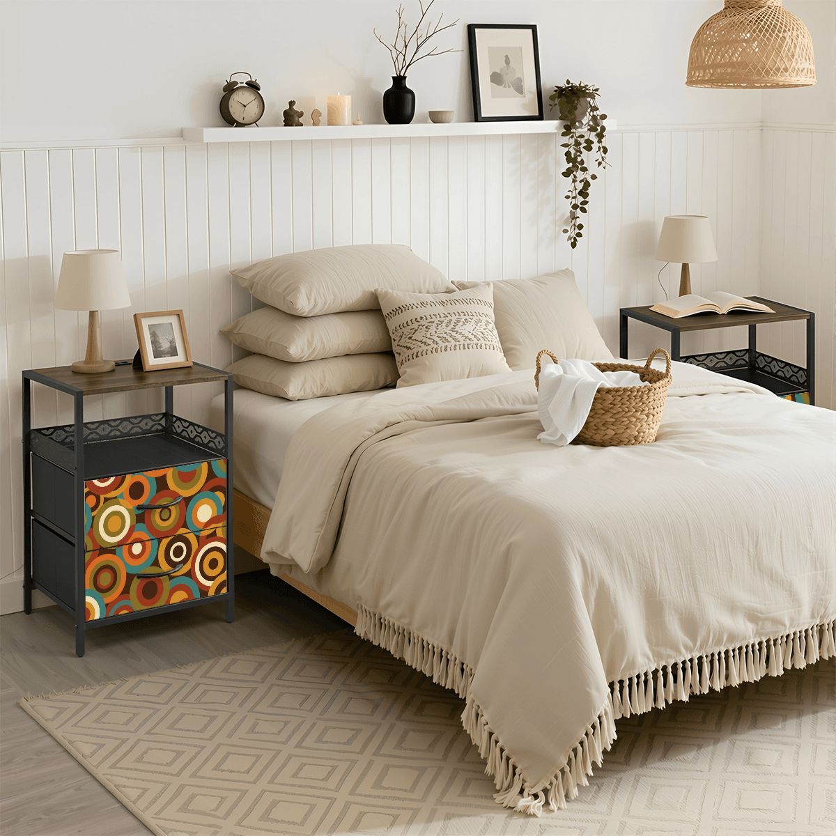 Mid-Century Modern Retro Circles Nightstand with Charging Station | 2-Drawer Bedside Table