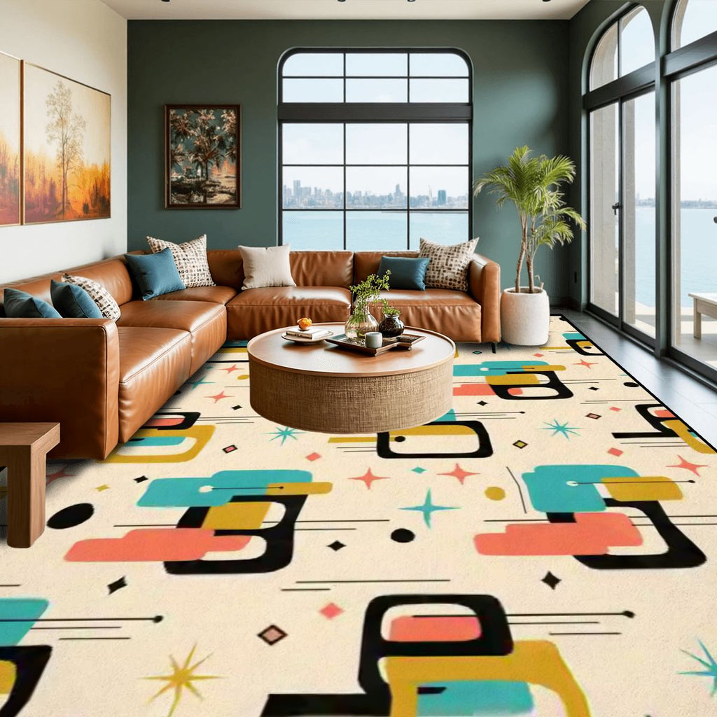 Atomic Age Abstract Area Rug | Mid-Century Modern Non-Slip Floor Carpet