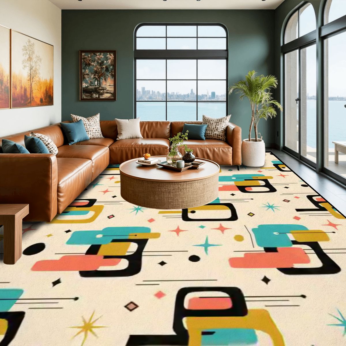 Atomic Age Abstract Area Rug | Mid-Century Modern Non-Slip Floor Carpet