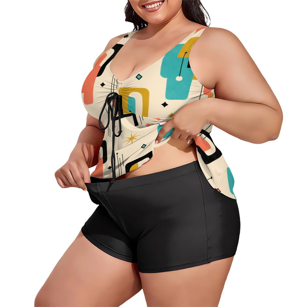 MCM-Era Atomic Geometric Print Plus-Size Two-Piece Swimsuit