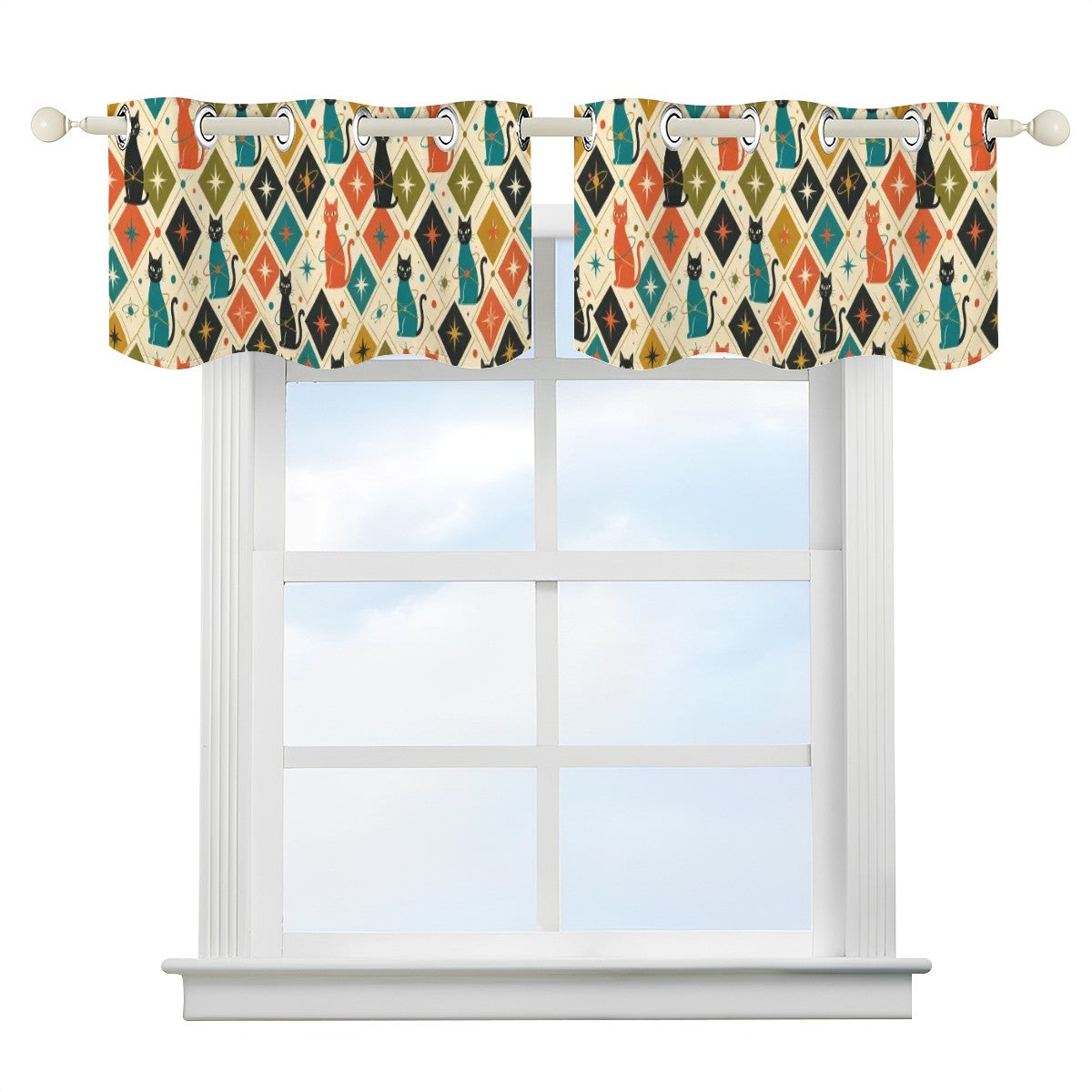 Mid-Century Modern Window Valance — Retro Diamond Ikat, 2 Panels (52"×18")