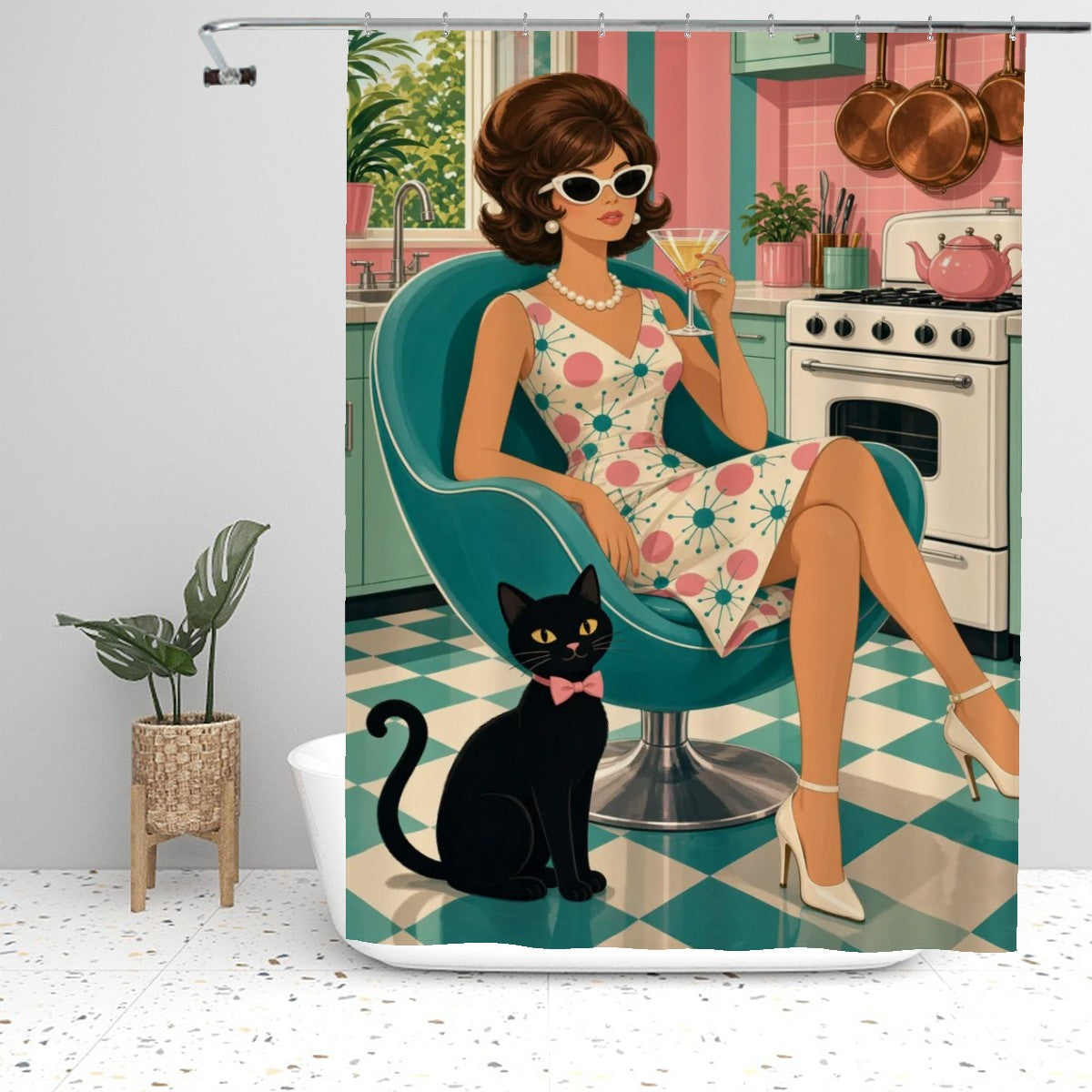 Atomic Kitchen Hostess & Cat Shower Curtain