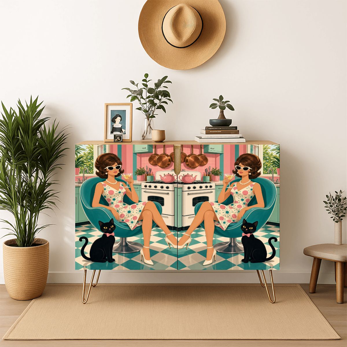 Retro Woman & Black Cat Print Mid-Century Modern Media Console