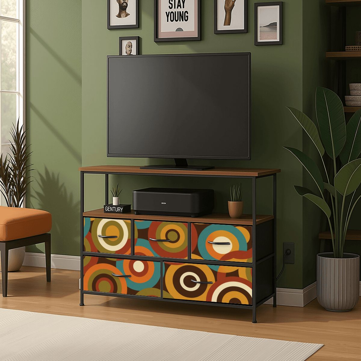 Mid-Century Modern Concentric Circle Print Five-Drawer TV Stand