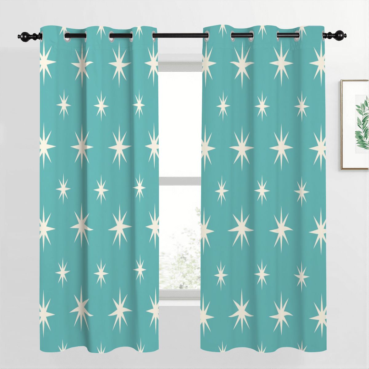Mid-Century Modern Turquoise Starburst Blackout Curtains, 2-Piece Set