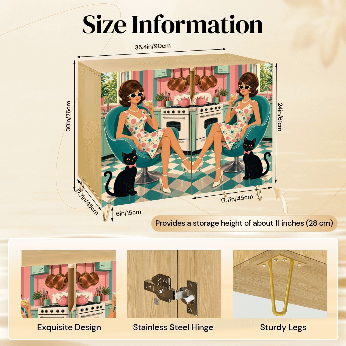 Retro Woman & Black Cat Print Mid-Century Modern Media Console