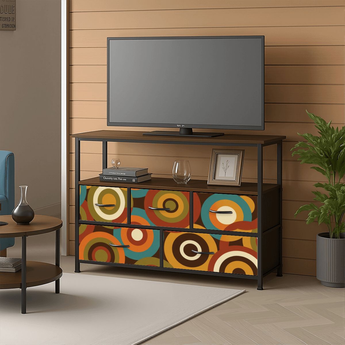 Mid-Century Modern Concentric Circle Print Five-Drawer TV Stand