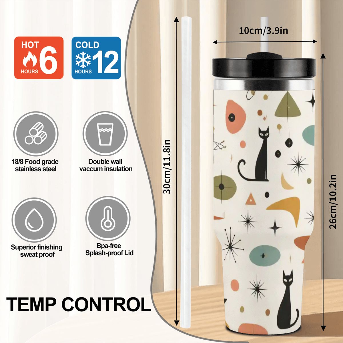 MCM-Era Cat & Botanical Atomic Print 40 oz Travel Tumbler