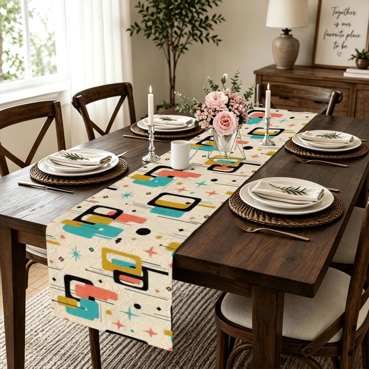 Mid-Century Illustrated Geometric Table Runner