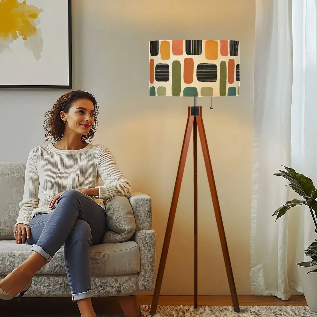 Mid-Century Modern Atomic Pebble Print Tripod Floor Lamp