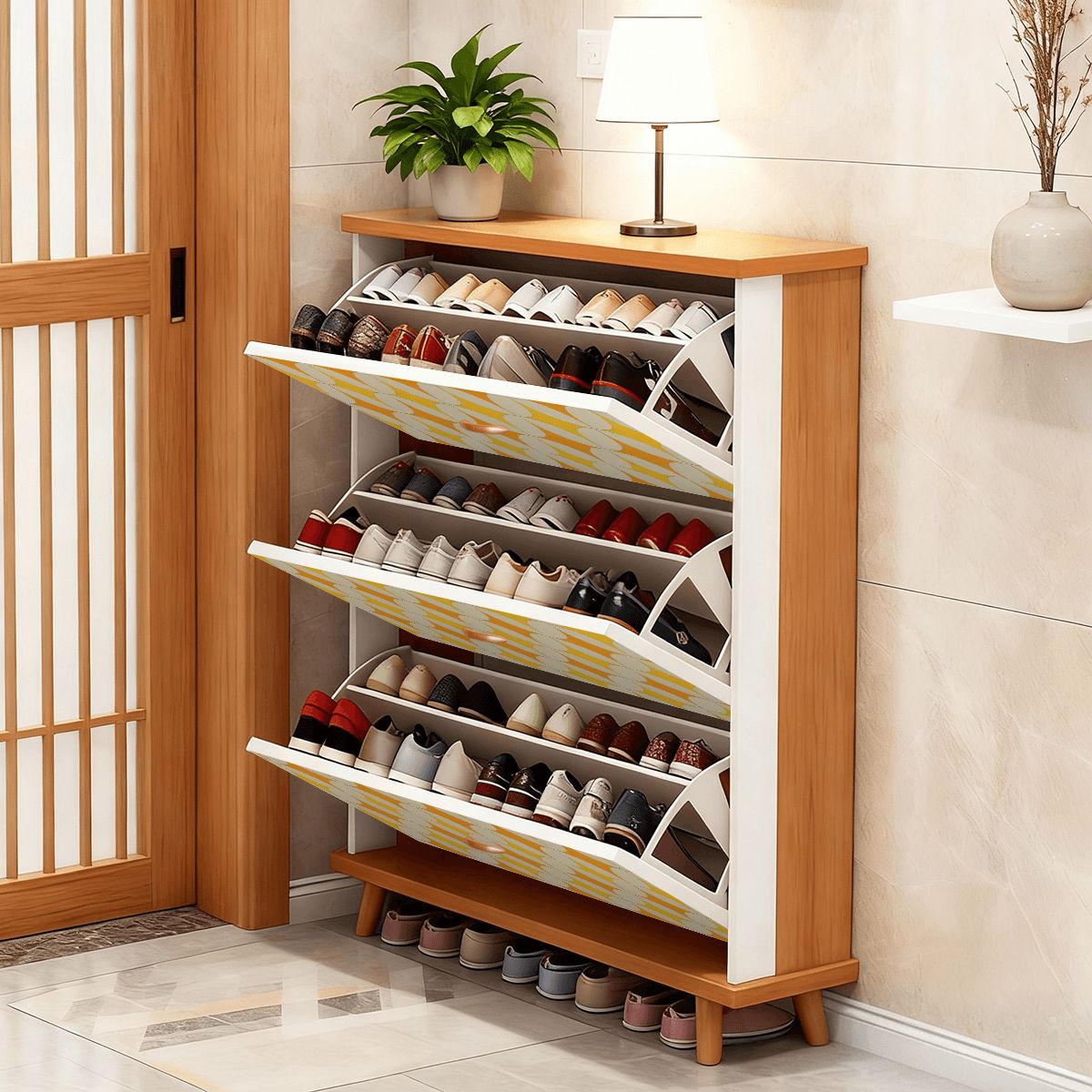 Mid-Century Mustard Geometric Shoe Cabinet