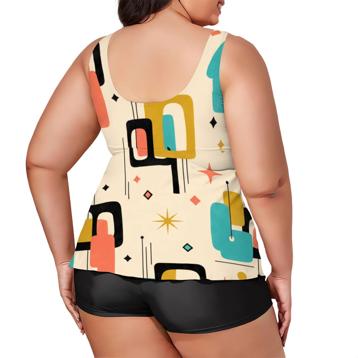 MCM-Era Atomic Geometric Print Plus-Size Two-Piece Swimsuit