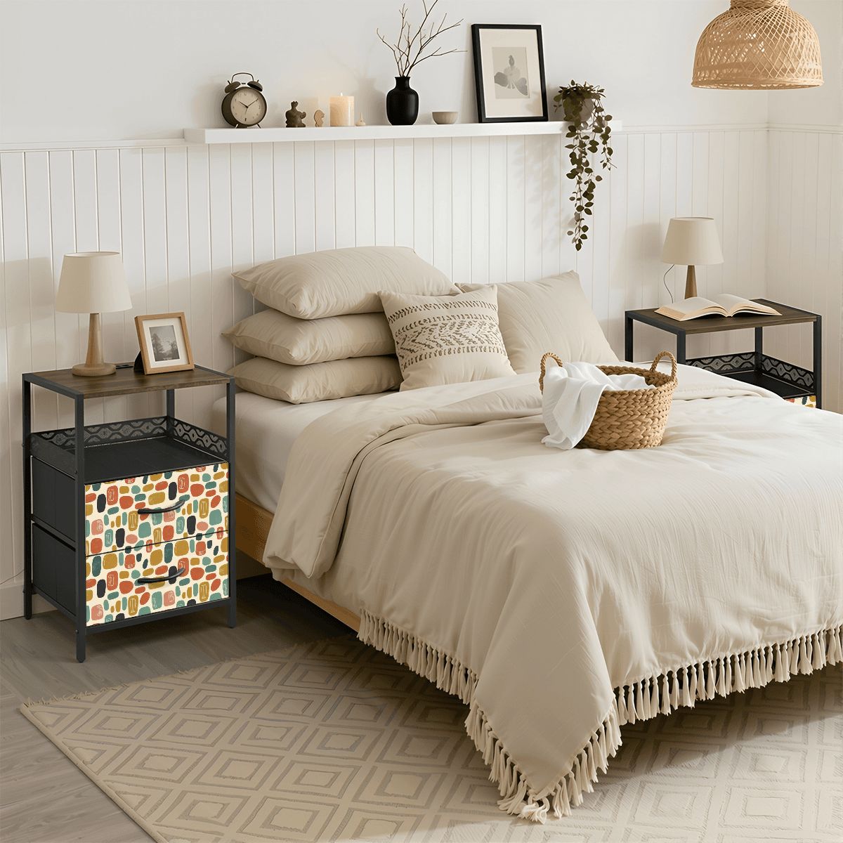 Mid-Century Modern Pebble Nightstand with Charging Station | 2-Drawer Bedside Table