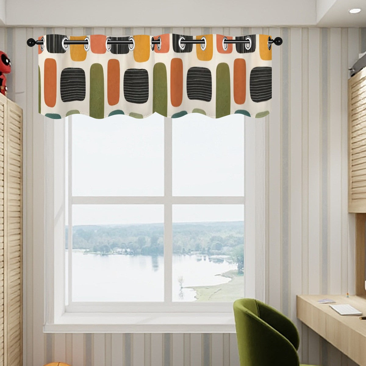 Mid-Century Modern Window Valance — Retro Arch Blocks, 2 Panels (52"×18")