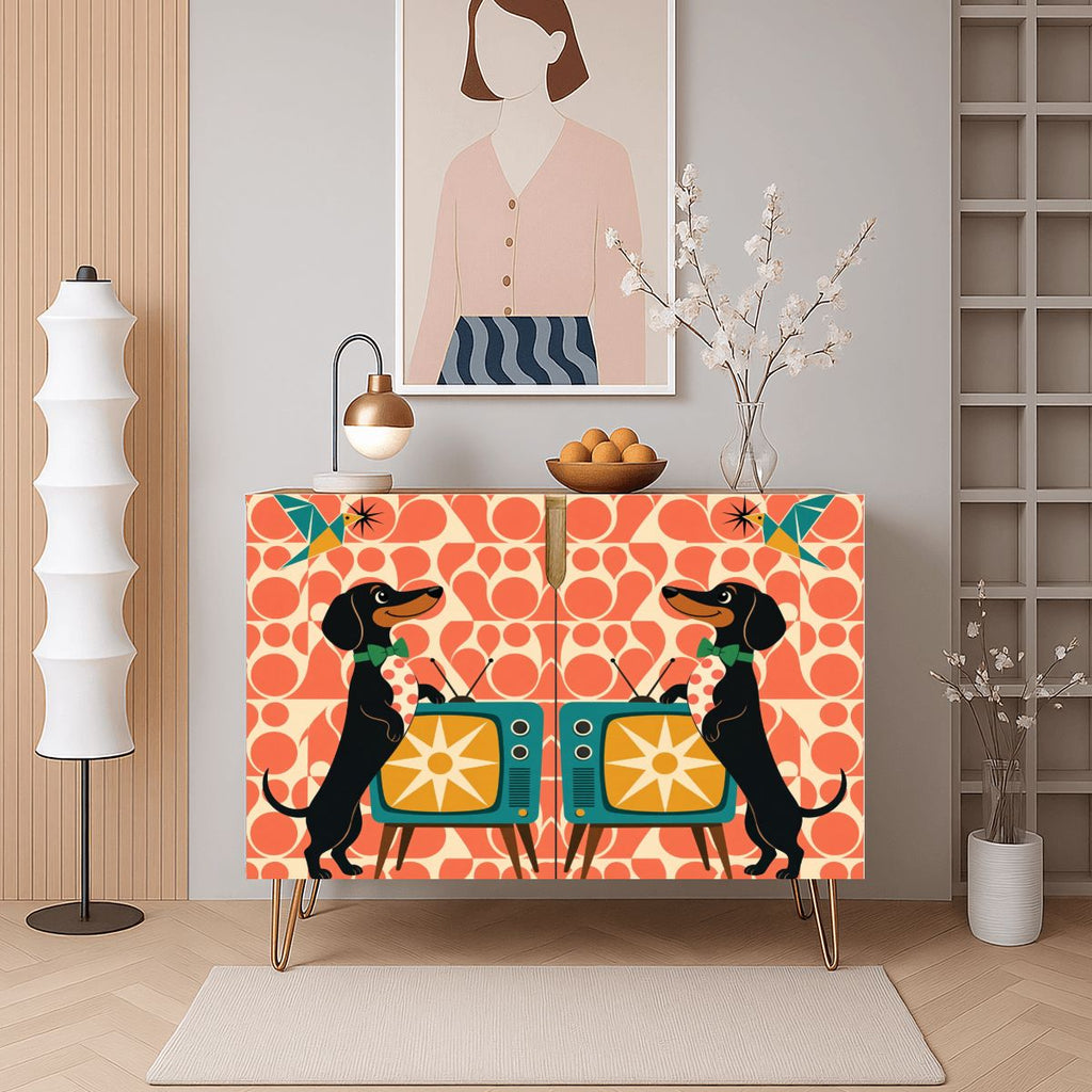 Dachshund & Retro TV Print Mid-Century Modern Media Console