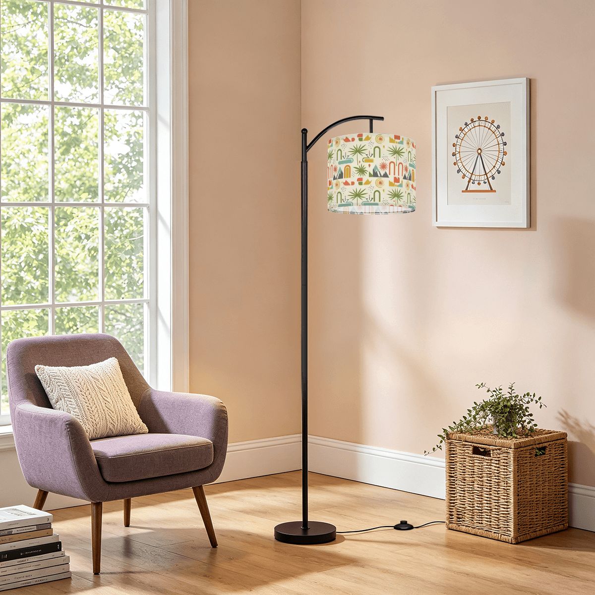 Mid-Century Modern Arch & Bloom Print Arc Floor Lamp