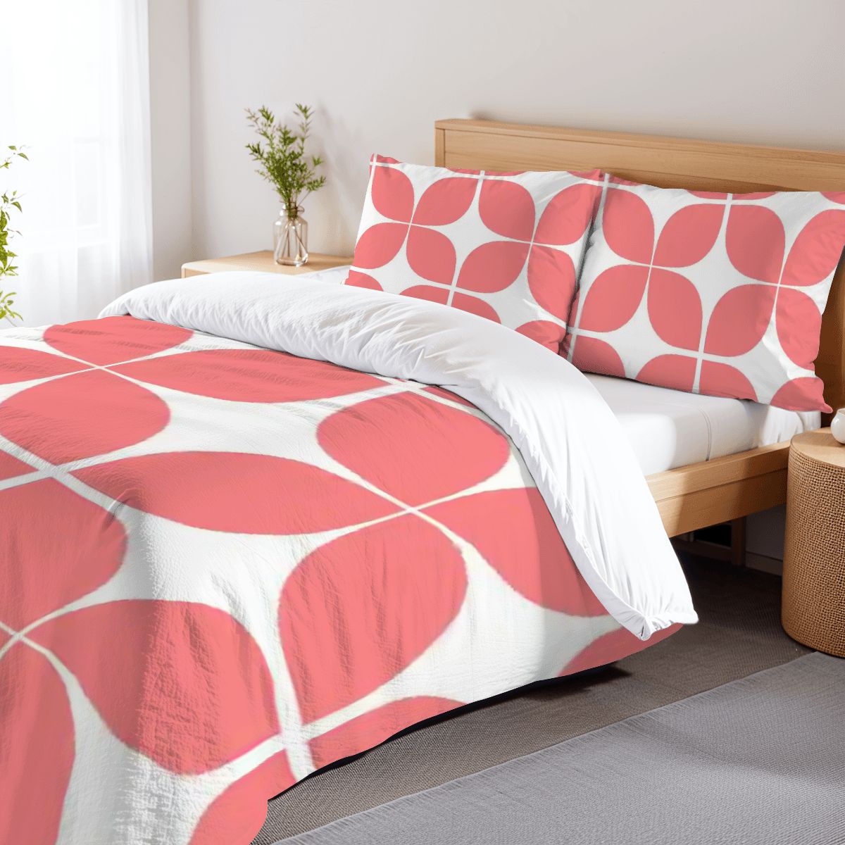 Mid-Century Modern Coral Geometric Duvet Cover Set