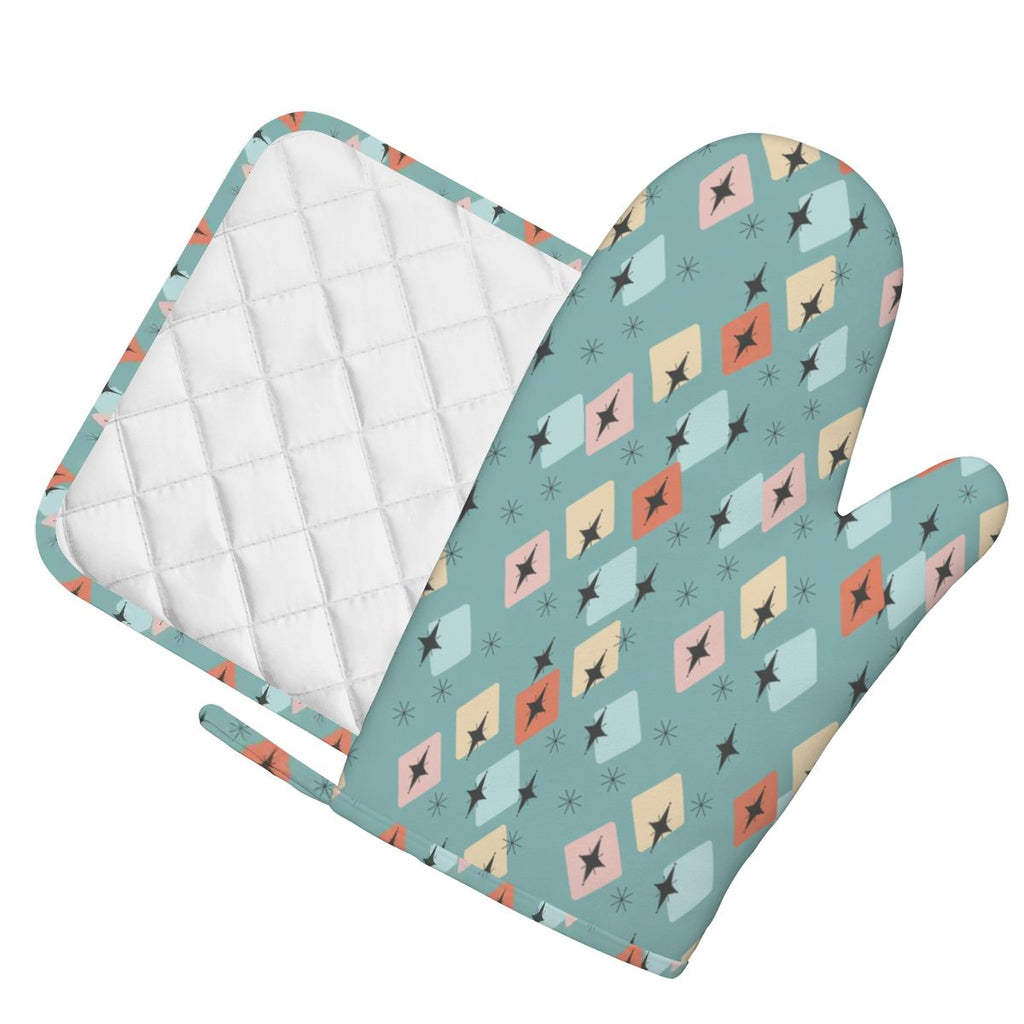 Mid-Century Modern Teal Geometric Oven Mitt & Pot Holder Set
