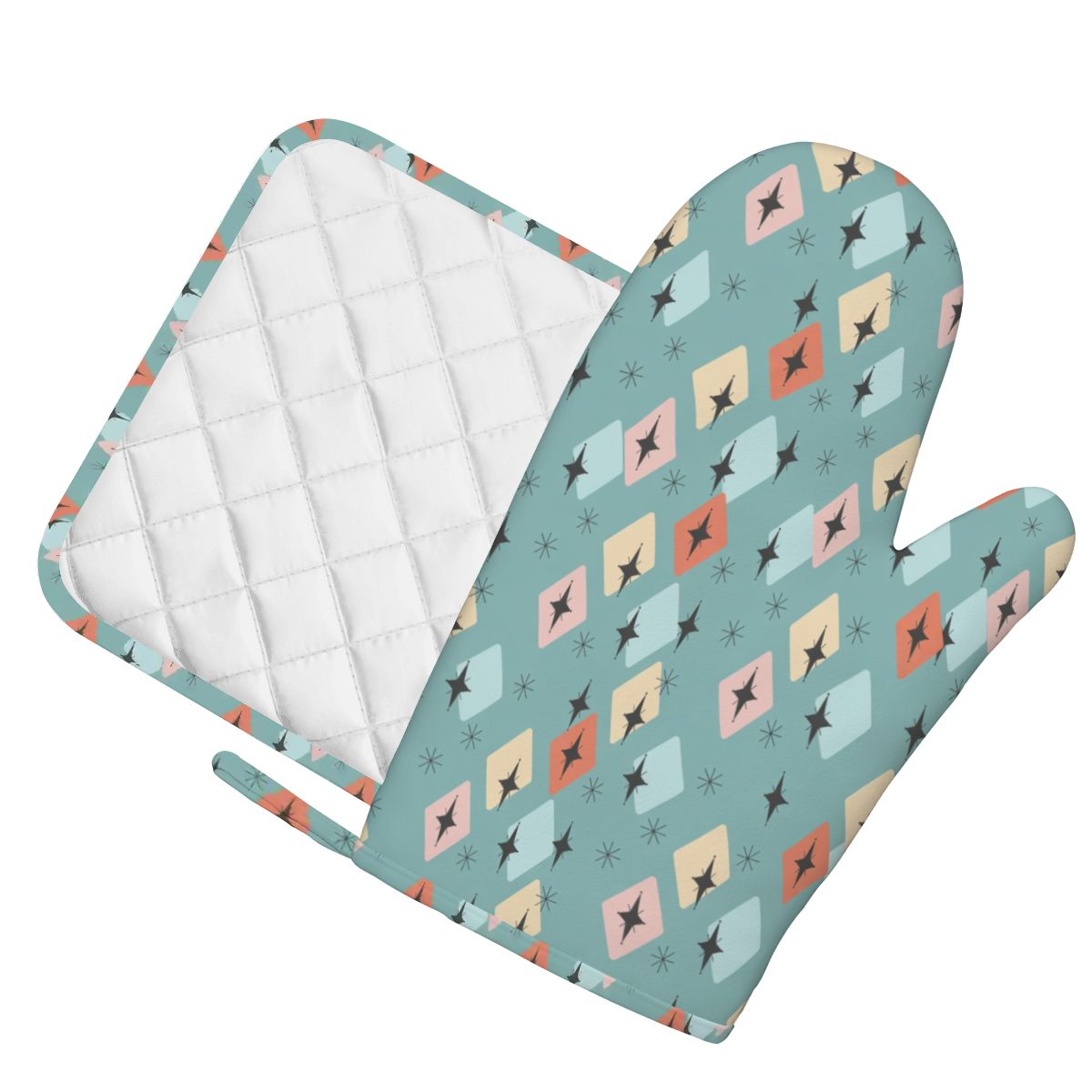 Mid-Century Modern Teal Geometric Oven Mitt & Pot Holder Set