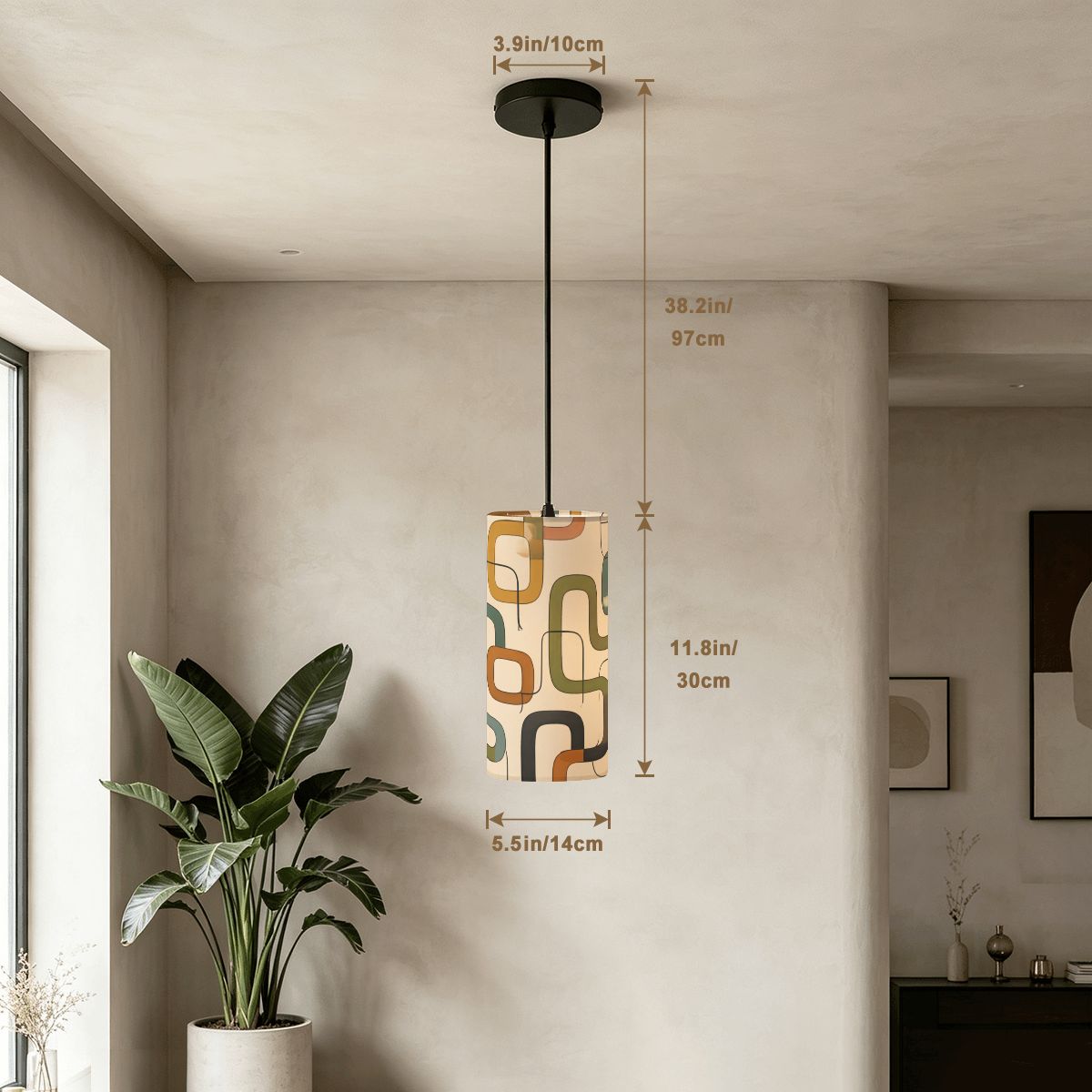 Mid-Century Modern Pendant Light in Gold Links | Cylinder Ceiling Light