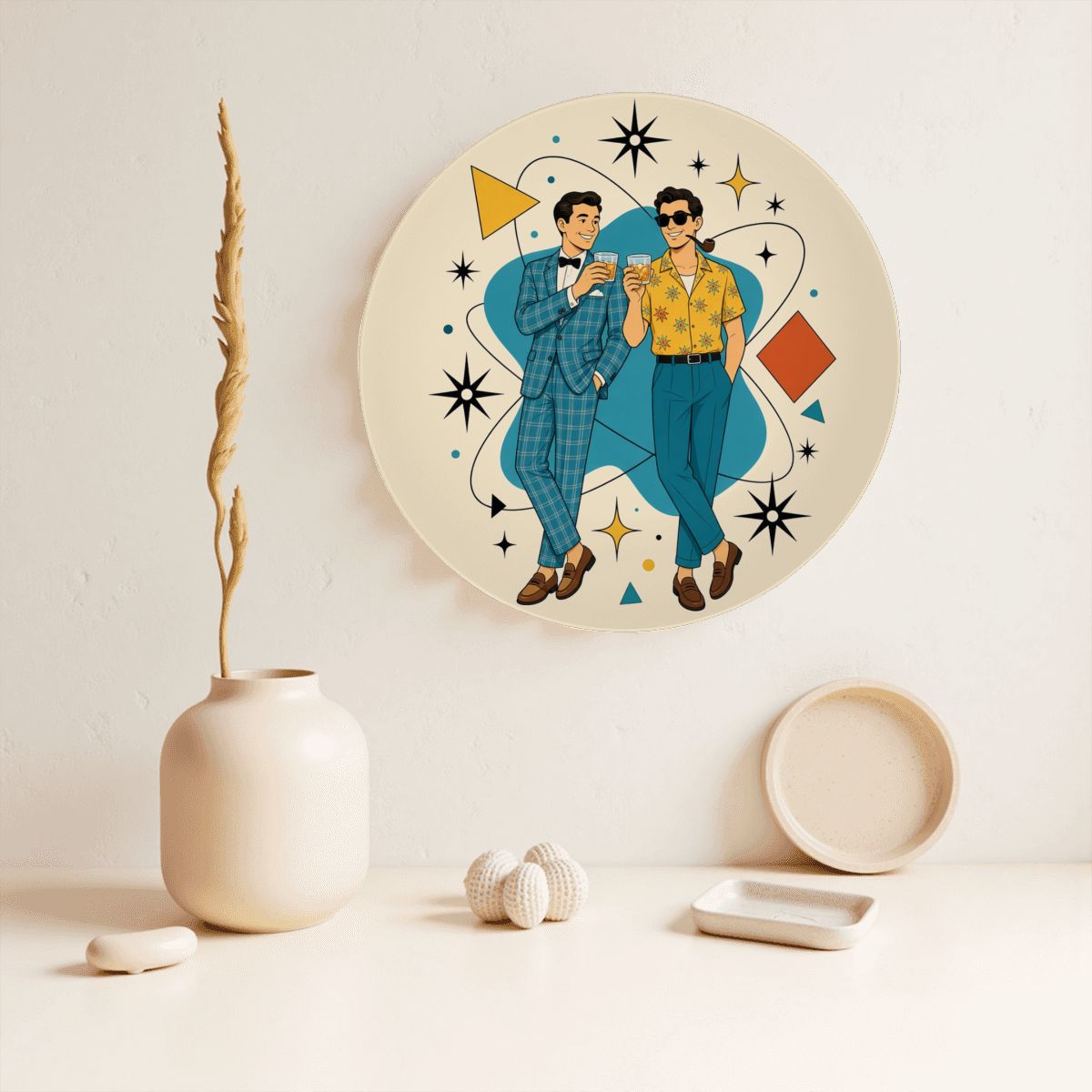 Mid-Century Modern Gay Couple Atomic Ceramic Decorative Plate