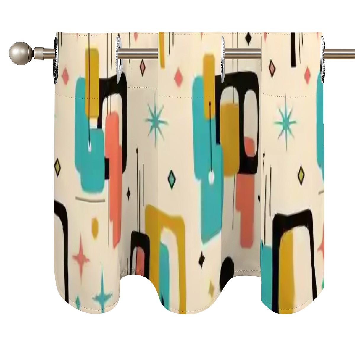 Mid-Century Modern Window Valance — Atomic Pop Shapes, 2 Panels (52"×18")