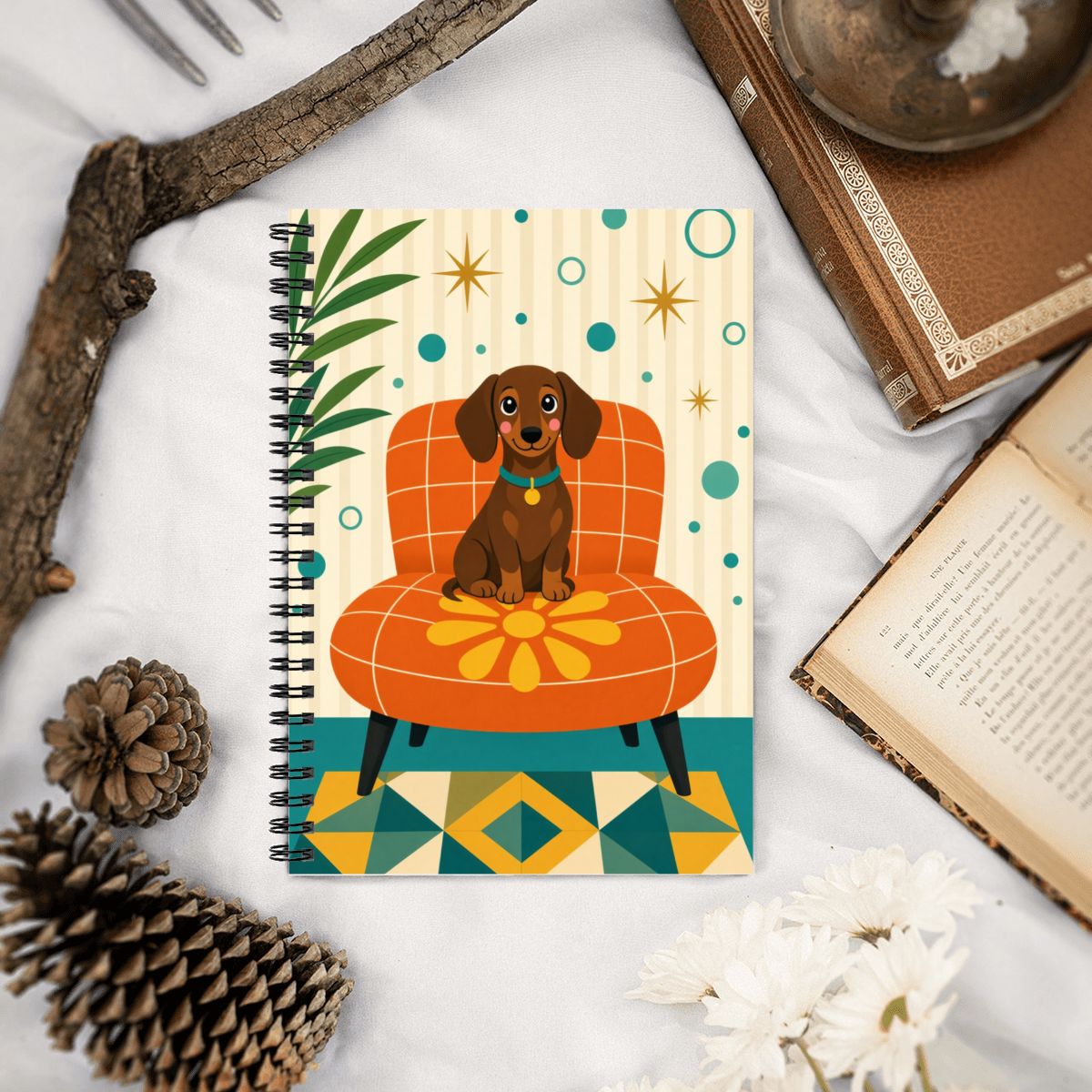 Mid-Century Modern Atomic Dog Sun Spiral Notebook