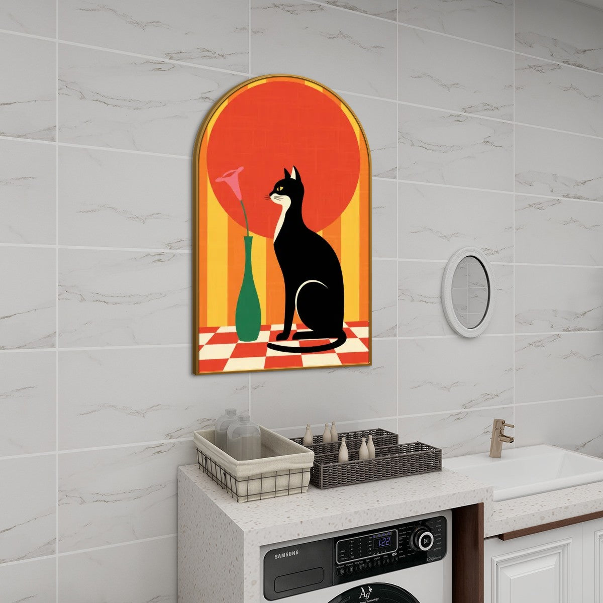 Mid-Century Modern Atomic Cat Coral Sun Arched Canvas