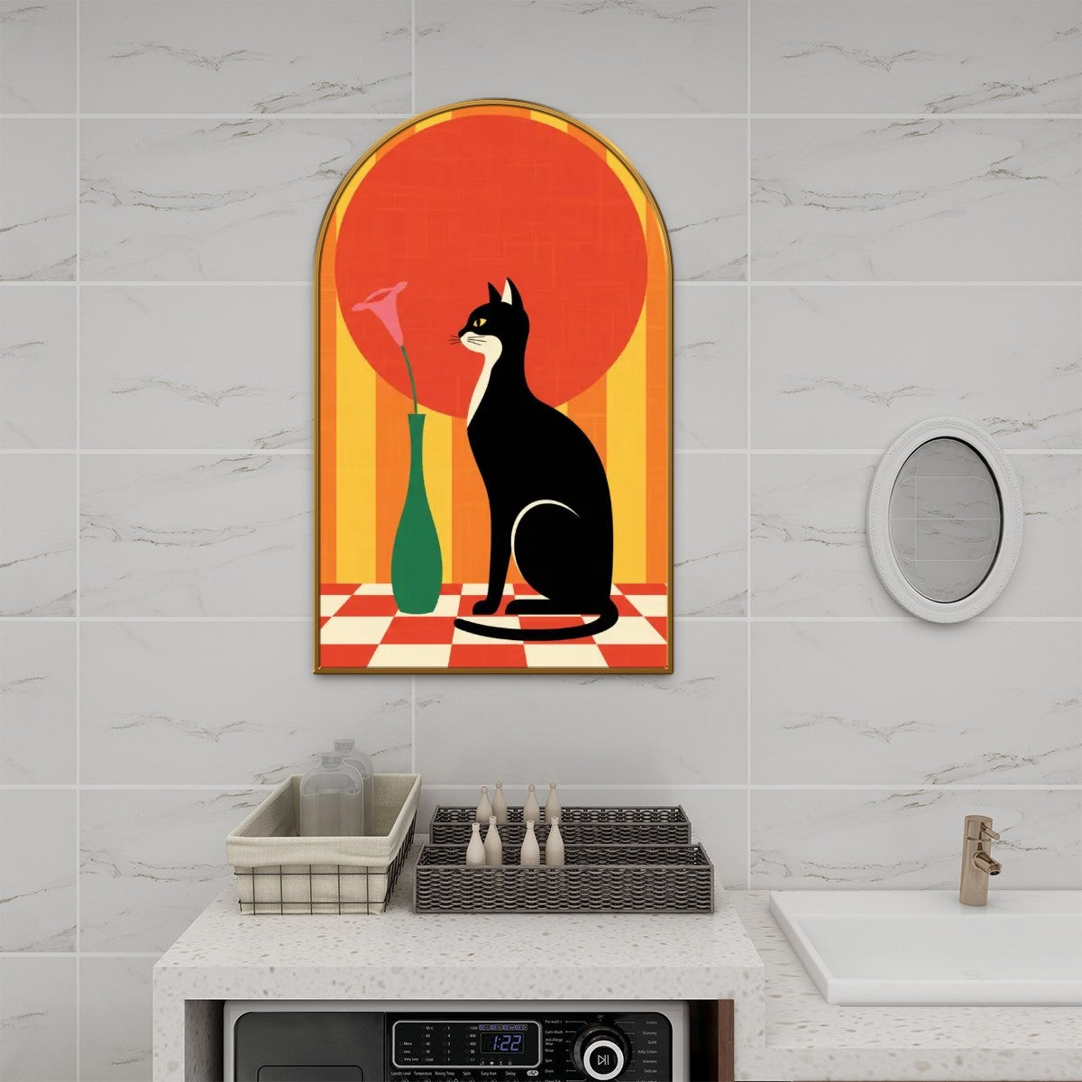 Mid-Century Modern Atomic Cat Coral Sun Arched Canvas