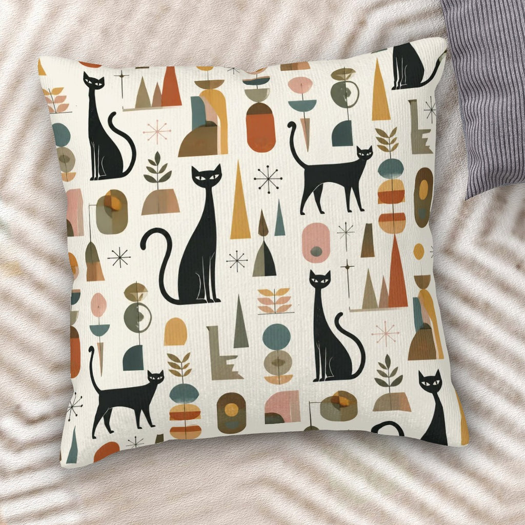 Mid-Century Modern Cat & Vase Print Corduroy Throw Pillow