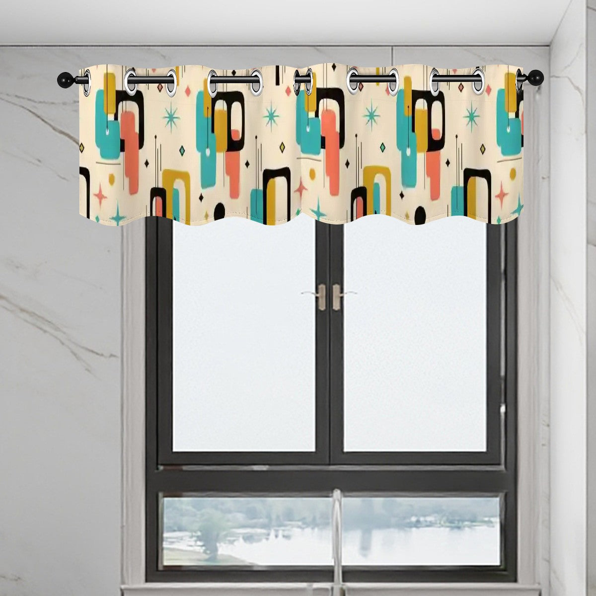Mid-Century Modern Window Valance — Atomic Pop Shapes, 2 Panels (52"×18")