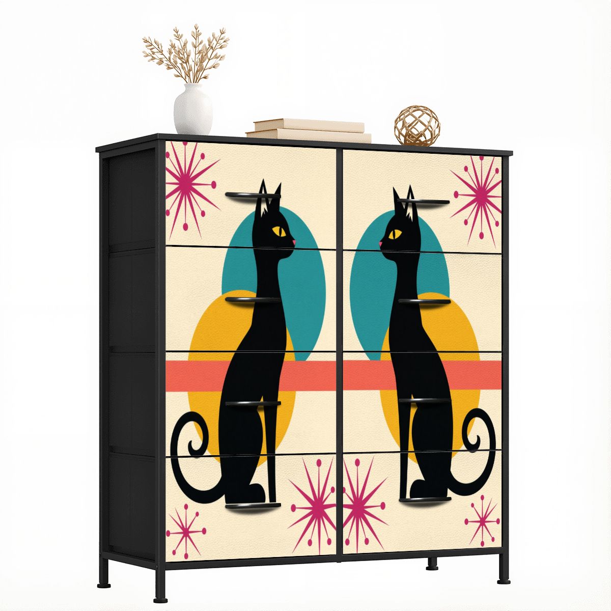 Mid-Century Modern Atomic Cat Pair 8-Drawer Dresser