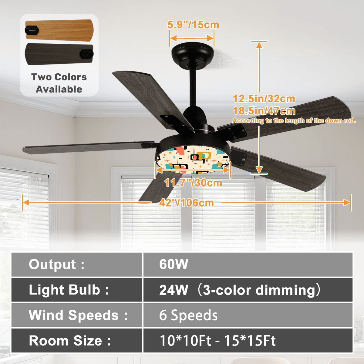 Multicolor Atomic 42-Inch Ceiling Fan with Light