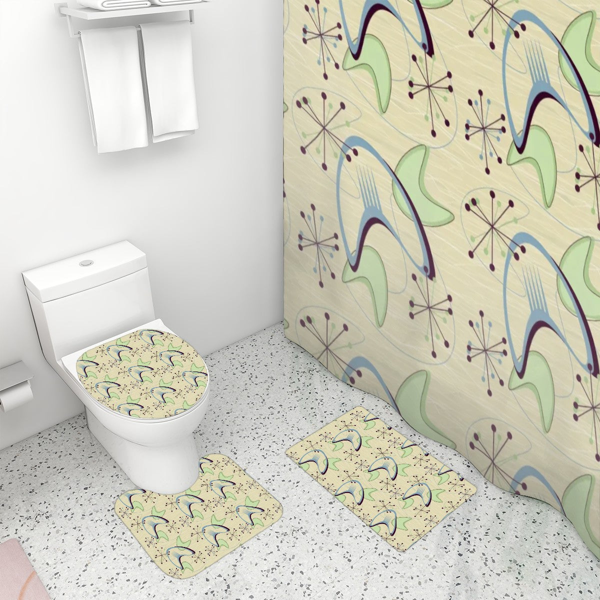 Mid-Century Modern Boomerang Motif Shower Curtain & Bath Set