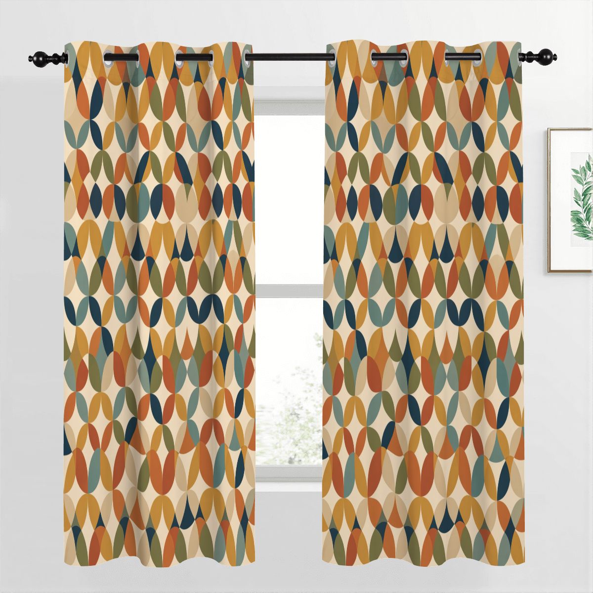 Mid-Century Modern Blackout Curtains — Ogee Leaf Drift, 2 Panels (52"×63")