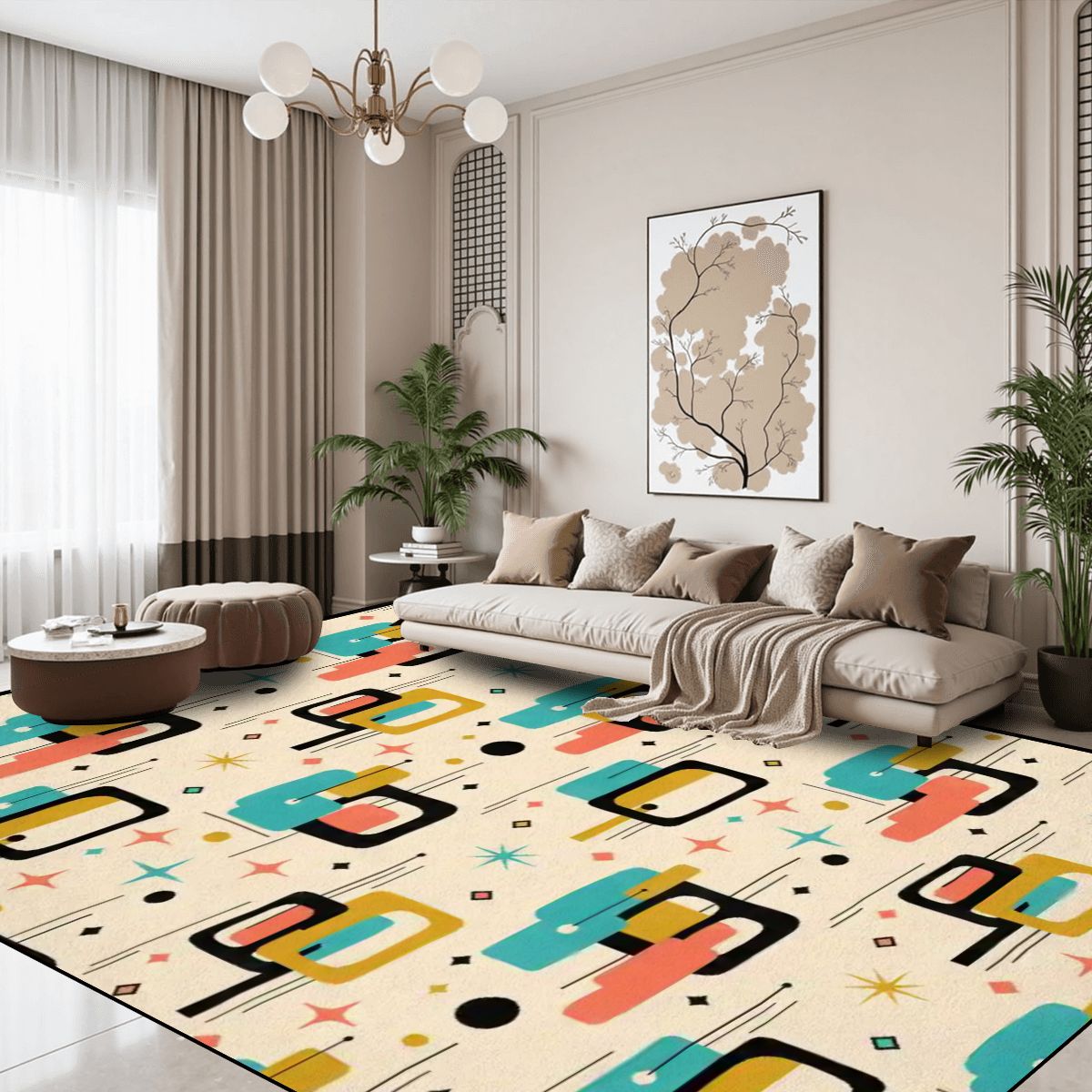 Atomic Age Abstract Area Rug | Mid-Century Modern Non-Slip Floor Carpet