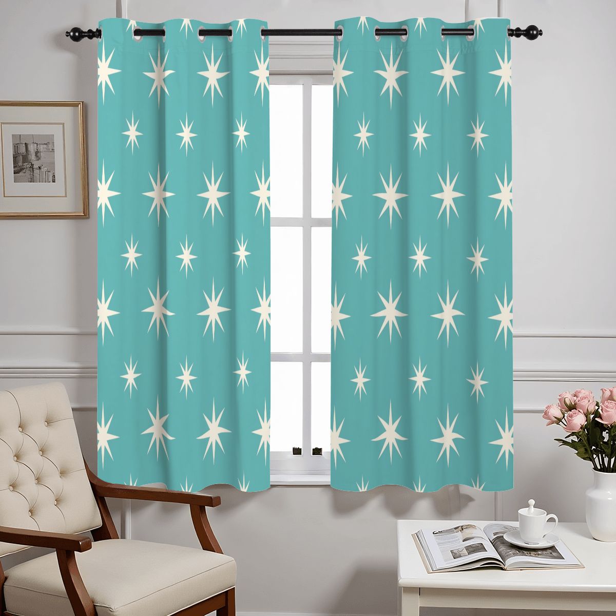 Mid-Century Modern Turquoise Starburst Blackout Curtains, 2-Piece Set
