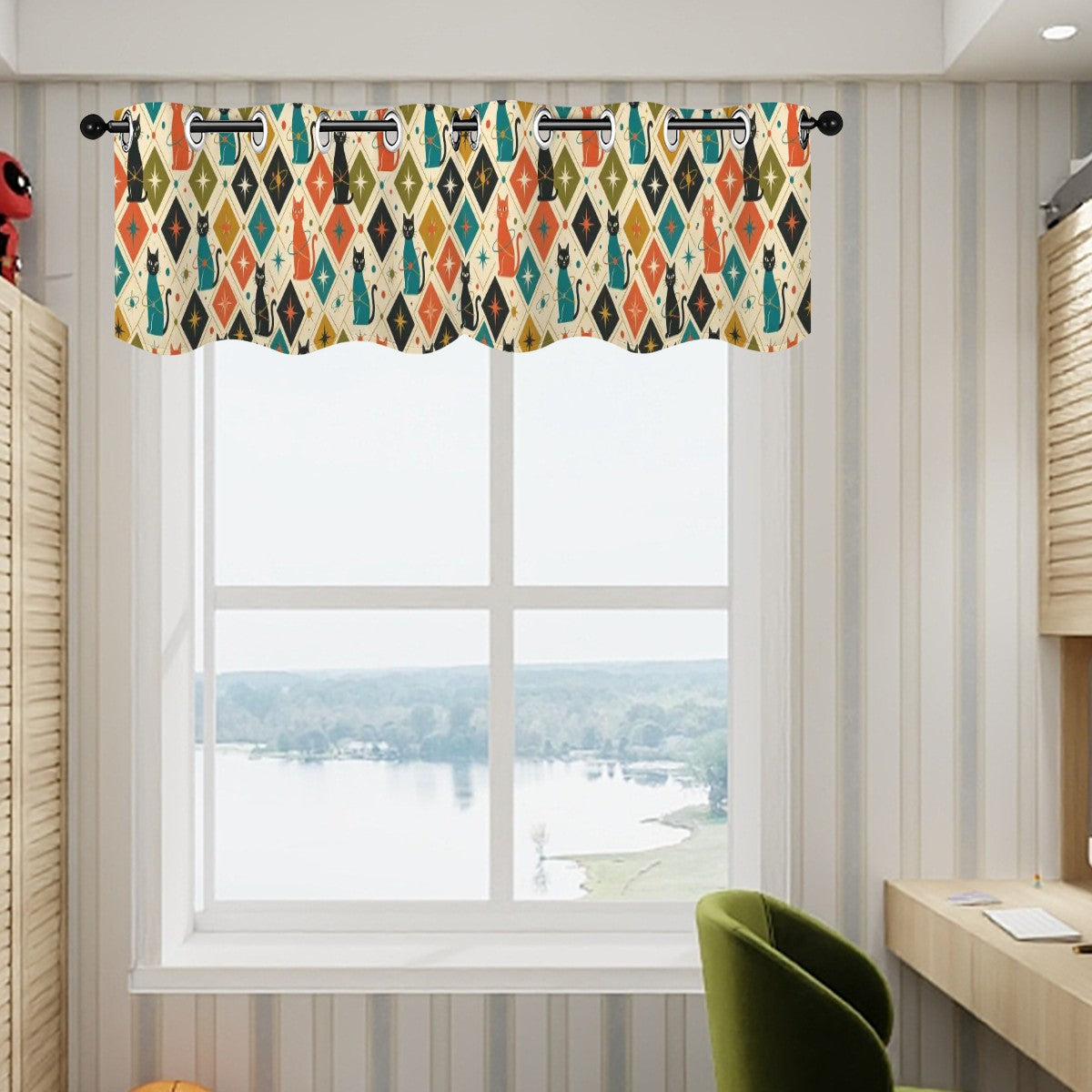 Mid-Century Modern Window Valance — Retro Diamond Ikat, 2 Panels (52"×18")