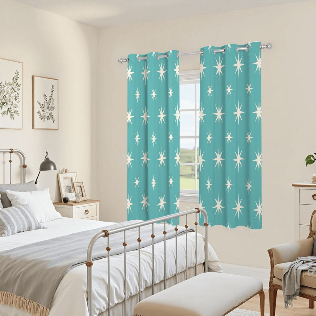 Mid-Century Modern Turquoise Starburst Blackout Curtains, 2-Piece Set